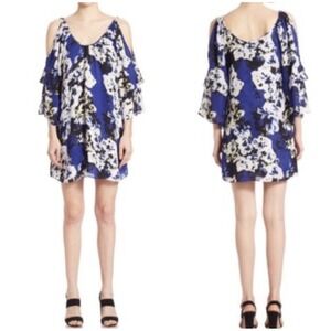 Parker Women's‎ Blue Floral 100% Silk Cold Shoulder Dress Lined Size XS $265